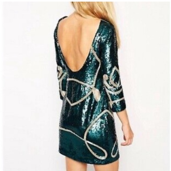 Needle & Thread Contour ornate long sleeve dress in Green sequins - Picture 2 of 10